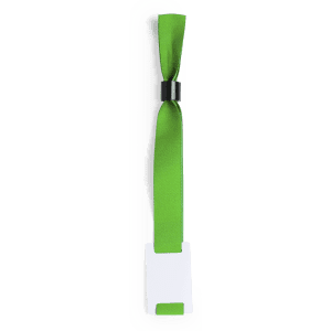A green wristband with a clasp, featuring a white tag for personalisation. It has a simple, sleek design.