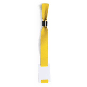 A yellow fabric wristband featuring a silver clasp and a white section for attachments.