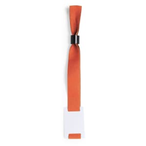 An orange fabric wristband with a black clasp and a white tag holder for events.