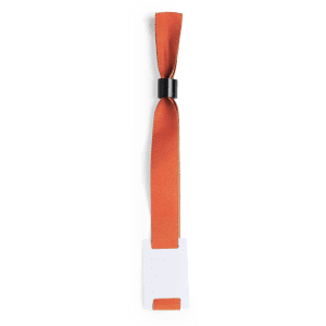 An orange fabric wristband with a metal clasp and a plain white tag attached.