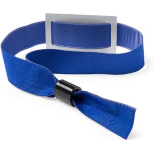 A blue fabric wristband with a rectangular area for a card and a black fastening mechanism.