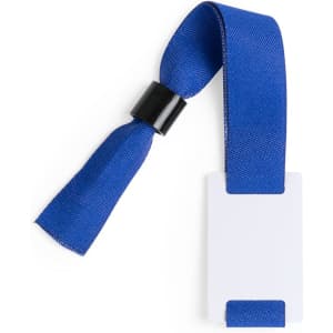A blue fabric wristband with a black clasp and a blank cardholder for identification.
