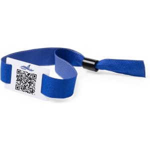 A blue wristband with a QR code and a branded tag, suitable for events and exhibitions.