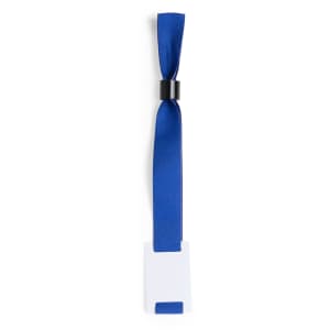 A blue satin wristband with a black fastener and a white tag section for personalisation.