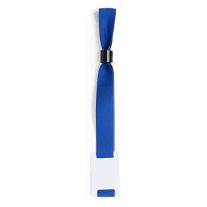 A blue wristband made of fabric, featuring a black fastening and a white tag for identification.