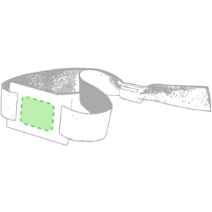 A green and white wristband with an adjustable strap and a rectangular section for identification or branding.