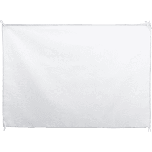 A white promotional flag with reinforced corners and grommets for easy display. It features a logo in one corner.