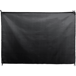 A black promotional flag with reinforced edges and ties for display. Features a simple, plain design.