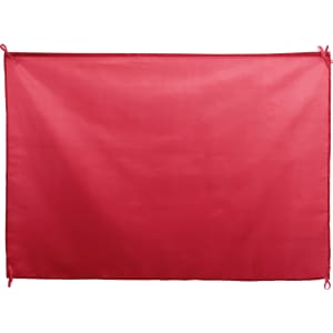 A red flag with ties for securing, suitable for exhibitions and events. Features a logo.