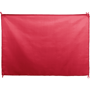 A red flag with ties for securing, designed for events and exhibitions, and featuring a logo.
