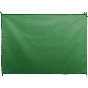 A green promotional flag with ties at the corners, suitable for exhibitions and events.
