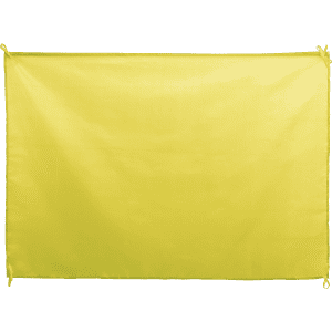 A yellow flag with ties for securing, designed for exhibitions and events. It features a branding logo.
