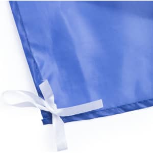 A blue flag with a white ribbon tie, featuring a smooth, shiny surface.