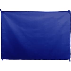 A blue rectangular flag featuring ties for attachment. The fabric appears smooth and durable.