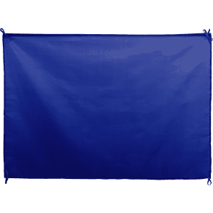 A blue flag with ties at the corners, suitable for exhibitions and events.