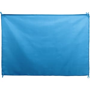 A blue flag with ties at the top edges, suitable for exhibitions and events. It features a branding logo.