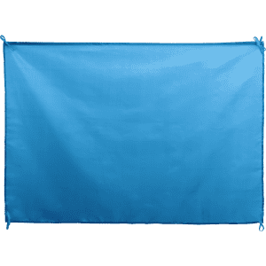 A blue flag with ties at the corners, suitable for exhibitions and events.