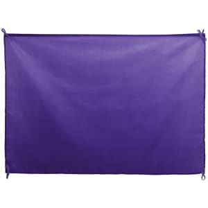A purple flag with ties for securing, suitable for exhibitions and events. Features a branding logo.