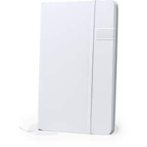A white USB notepad with a sleek design and a textured cover, featuring a ribbon bookmark and a logo.