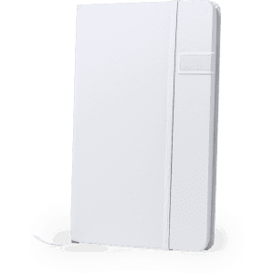 A white USB notepad with a textured cover and a secure closure, featuring a logo on the front.
