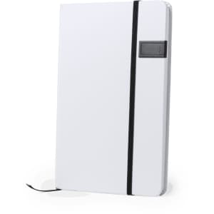 A white USB notepad with a black elastic band and a small logo on the cover.
