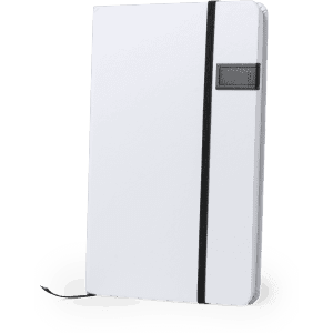 A white USB notepad with a black elastic band, featuring a small branding logo on the front cover.