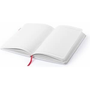 An open white notepad with lined pages and a red ribbon bookmark. The notepad features a logo on the cover.