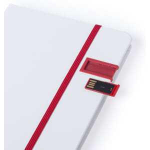 A white notepad with a red elastic band, featuring a red USB port on the side for a USB drive.