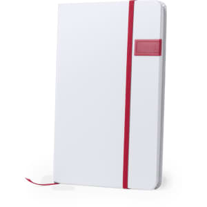 A white notepad with a red elastic band and a red label, featuring a logo on the front cover.