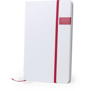 A white USB notepad with a red elastic band and a red accent, featuring a logo.