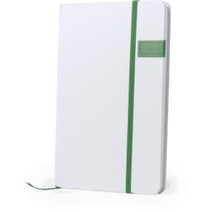 A white USB notepad with a green elastic band and a small green logo on the cover.