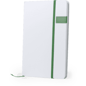 A white USB notepad with a green elastic band, featuring a textured patch and ribbon bookmark.