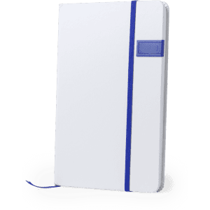A white USB notepad with a blue elastic band and a logo on the front cover.