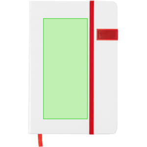 A white notepad with a red elastic band and a red placeholder, featuring a green area on the front.