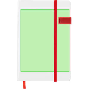 A white USB notepad with a green cover and red elastic band closure. Features a small branding logo.