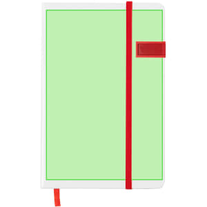 A green notepad with a white cover, red elastic band closure, and red tab. It features a logo on the front.