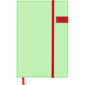 A green USB notepad with a red elastic band and a red closure, featuring a branding logo.