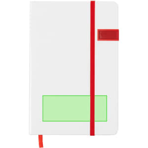 A white USB notepad with a red elastic band and a green label area. It features a branding logo on the cover.