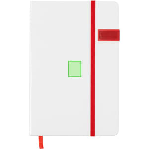 A white USB notepad featuring a red elastic band and a green square accent, with a logo on the cover.