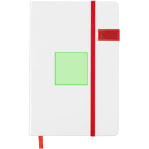 A white USB notepad with a red elastic band and a square section, featuring a logo.