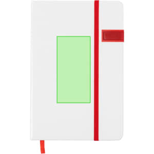 A white USB notepad with a red elastic band and a red item on the cover, featuring a blank green section.