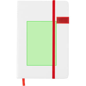 A white USB notepad with a green insert and red elastic band, featuring a small red clasp.
