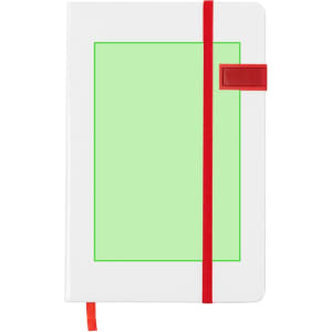 A white USB notepad with a green front panel and red elastic band closure, featuring a logo on the cover.