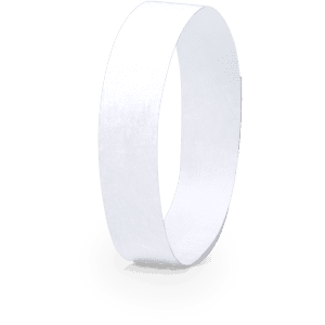 A white wristband with a smooth finish, designed for events and exhibitions, featuring a logo.
