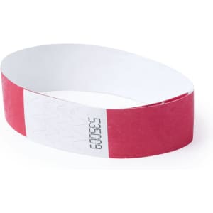 A red and white Ankaran bracelet with a logo, designed for event wristbands.