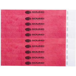 A set of pink event wristbands with a logo, featuring a textured design and a white wristband at the end.
