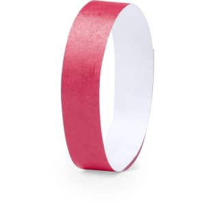 A red wristband made of paper material, featuring a smooth finish and a plain white interior.