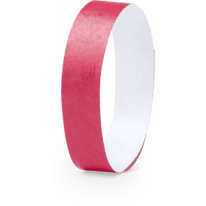 A red wristband with a white interior, designed for events and exhibitions, featuring a logo.