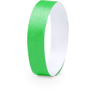 A green wristband with a smooth texture, designed for events and exhibitions, featuring an interior that is white.