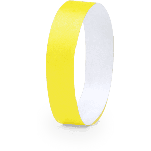 A yellow wristband with a smooth finish, designed for events. It features a plain white inner section and has a logo.